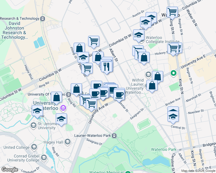 map of restaurants, bars, coffee shops, grocery stores, and more near in Waterloo