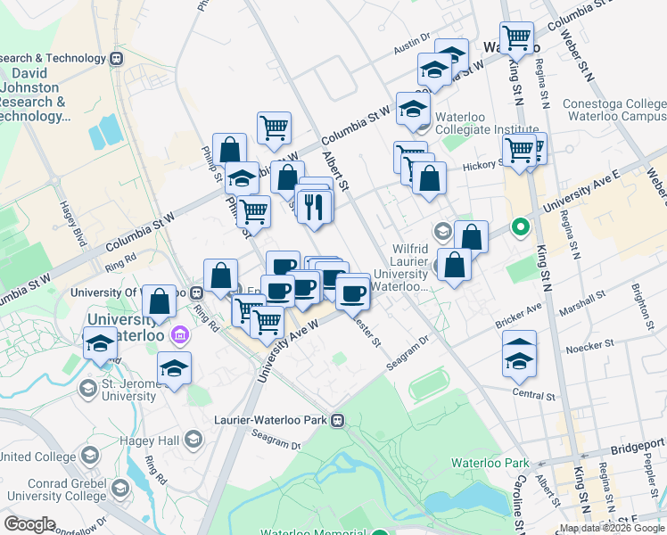 map of restaurants, bars, coffee shops, grocery stores, and more near 258 Lester Street in Waterloo