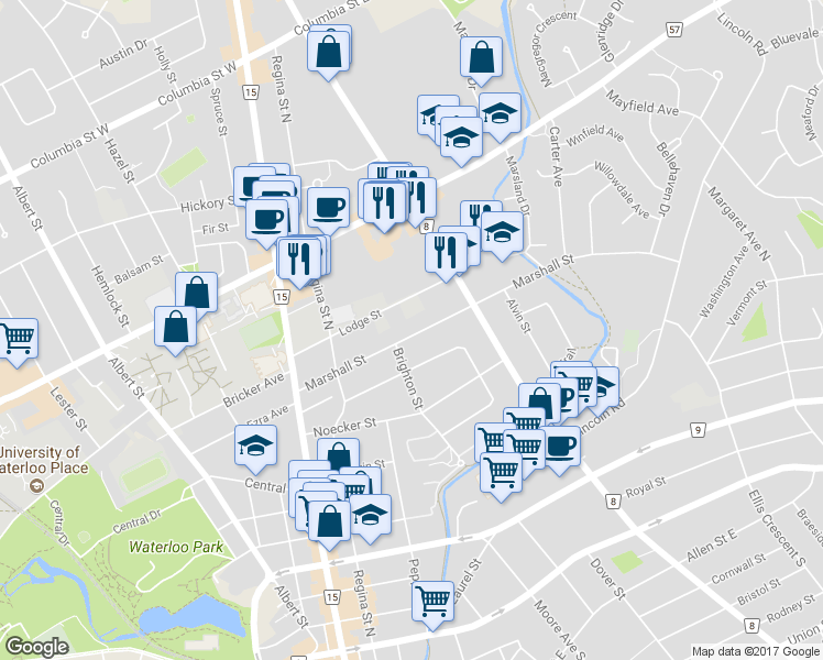 map of restaurants, bars, coffee shops, grocery stores, and more near 72 Marshall Street in Waterloo