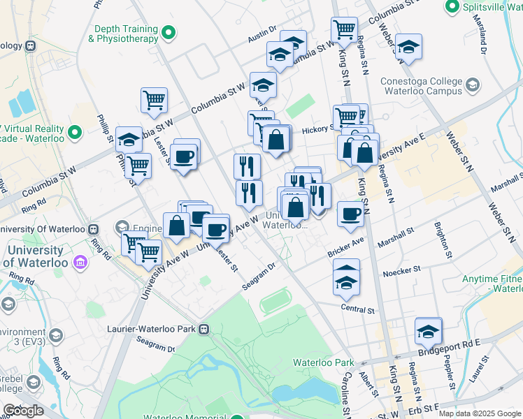 map of restaurants, bars, coffee shops, grocery stores, and more near 80 University Avenue West in Waterloo