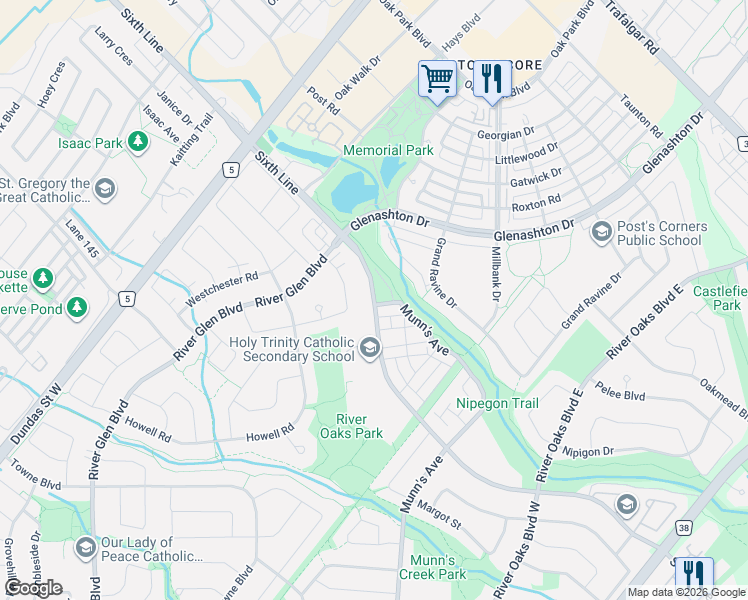 map of restaurants, bars, coffee shops, grocery stores, and more near 2460 Sixth Line in Oakville