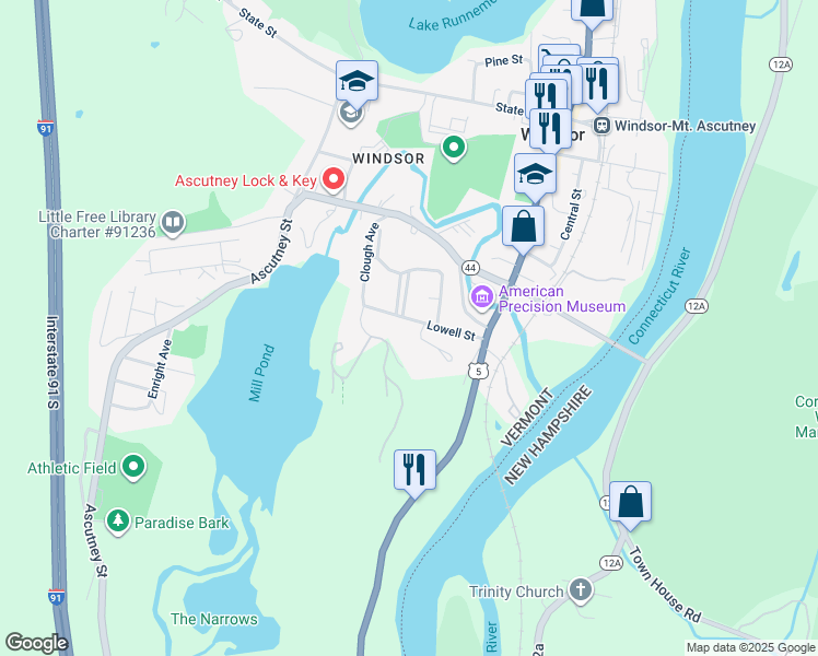 map of restaurants, bars, coffee shops, grocery stores, and more near 17 Lowell Street in Windsor