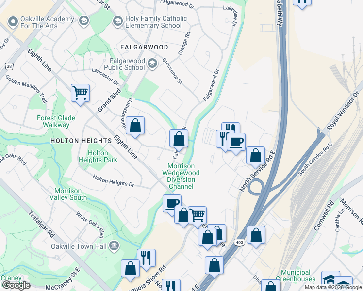 map of restaurants, bars, coffee shops, grocery stores, and more near 1066 Falgarwood Drive in Oakville