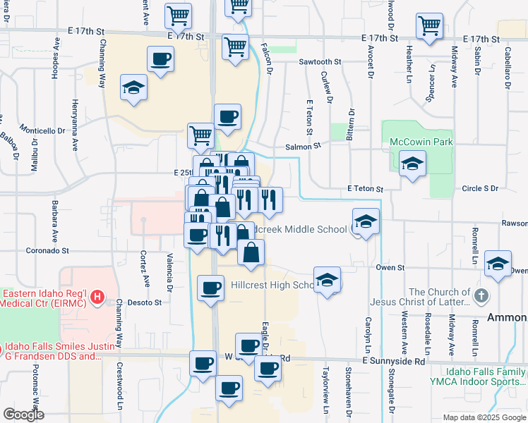 map of restaurants, bars, coffee shops, grocery stores, and more near Eagle Drive in Idaho Falls