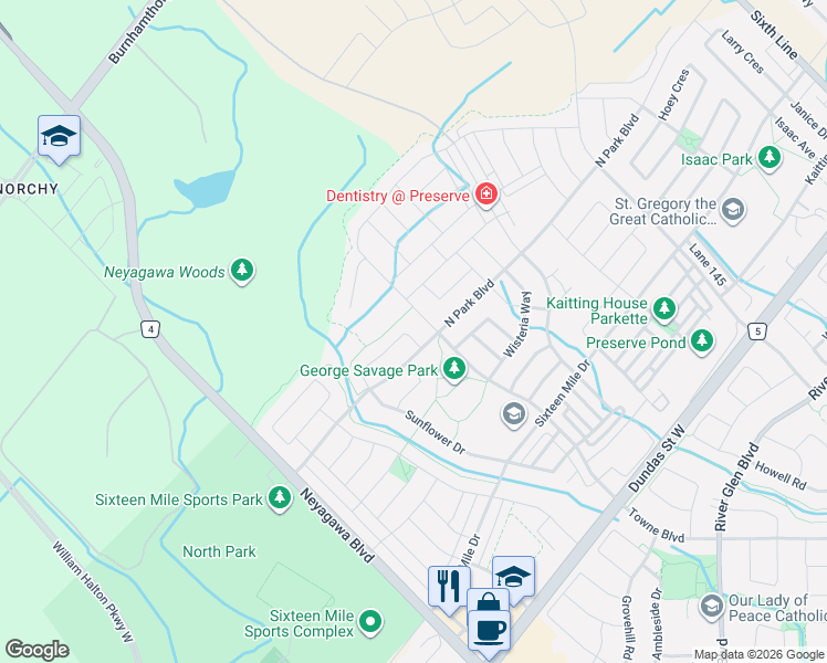 map of restaurants, bars, coffee shops, grocery stores, and more near 3318 Charles Biggar Drive in Oakville