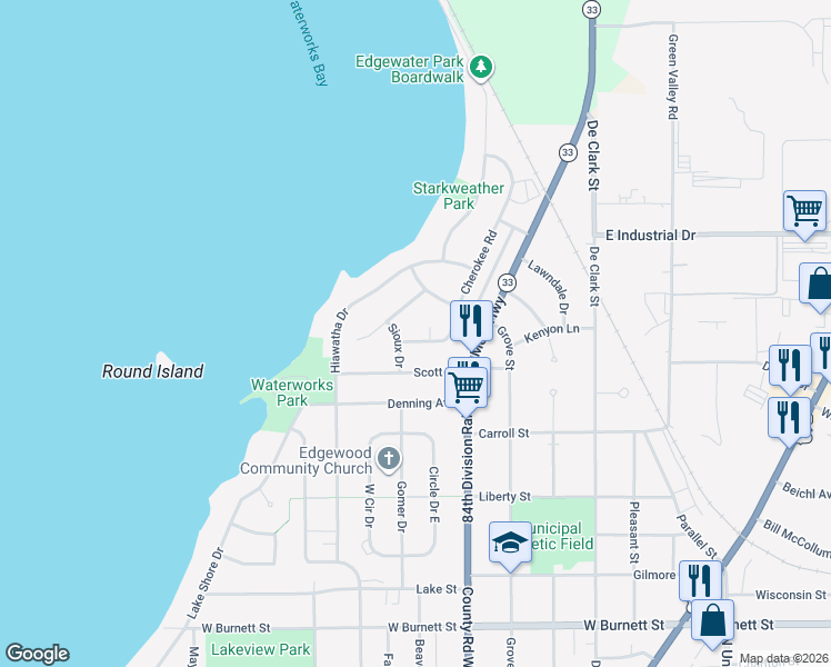 map of restaurants, bars, coffee shops, grocery stores, and more near 109 Sioux Drive in Beaver Dam