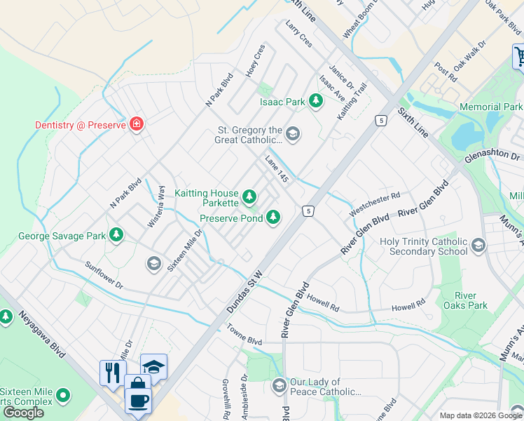 map of restaurants, bars, coffee shops, grocery stores, and more near 248 Ellen Davidson Drive in Oakville
