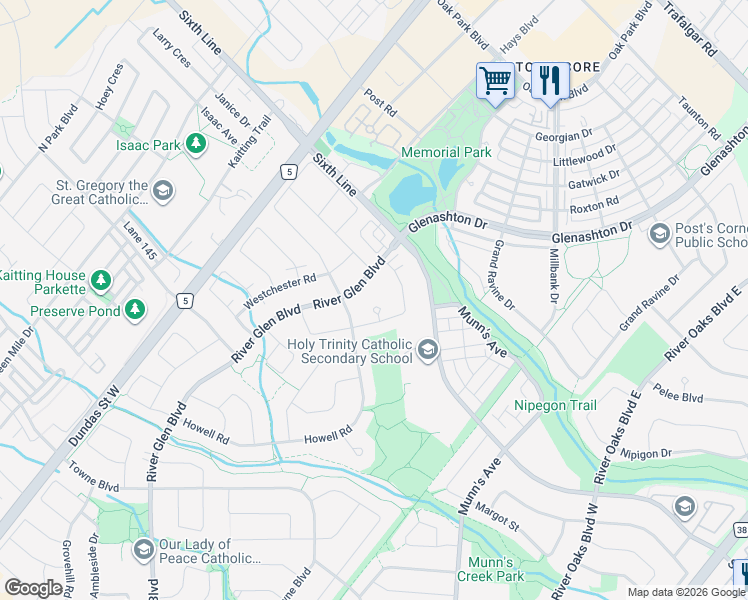 map of restaurants, bars, coffee shops, grocery stores, and more near 2441 Lamoka Court in Oakville