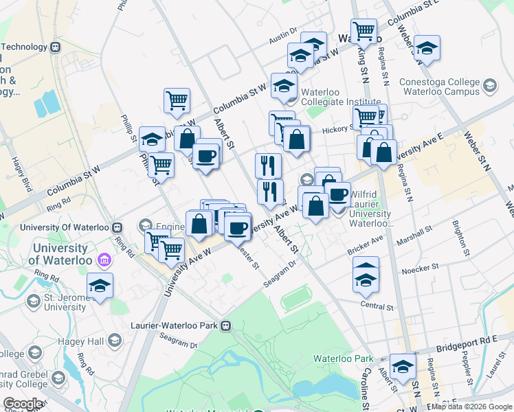 map of restaurants, bars, coffee shops, grocery stores, and more near 239 Albert Street in Waterloo