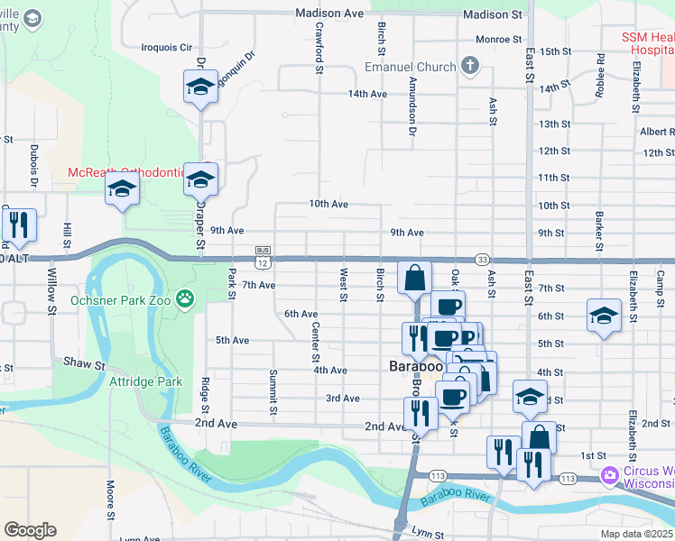 map of restaurants, bars, coffee shops, grocery stores, and more near 915 West St in Baraboo