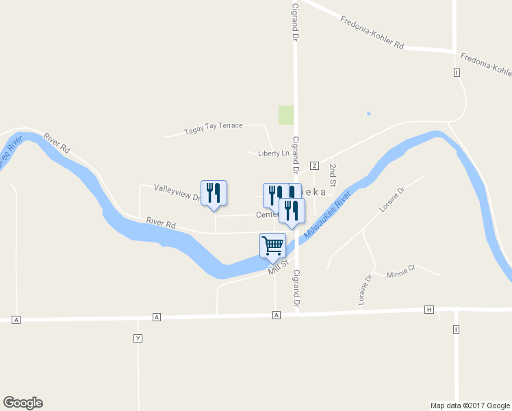 map of restaurants, bars, coffee shops, grocery stores, and more near W4150 Center Street in Waubeka