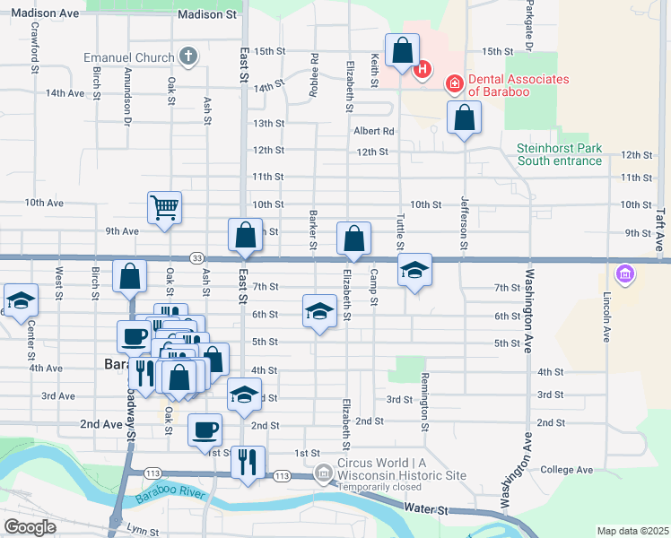 map of restaurants, bars, coffee shops, grocery stores, and more near 512 8th Street in Baraboo