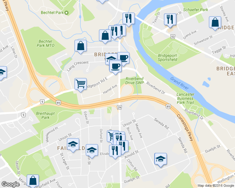 map of restaurants, bars, coffee shops, grocery stores, and more near in Kitchener
