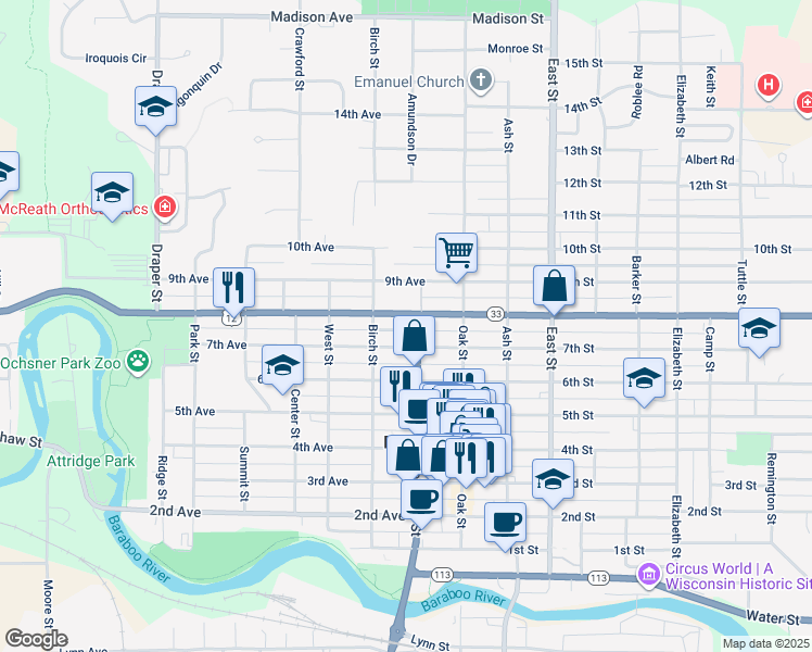 map of restaurants, bars, coffee shops, grocery stores, and more near 215 8th Avenue in Baraboo