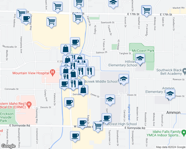 map of restaurants, bars, coffee shops, grocery stores, and more near 2529 Eagle Drive in Ammon