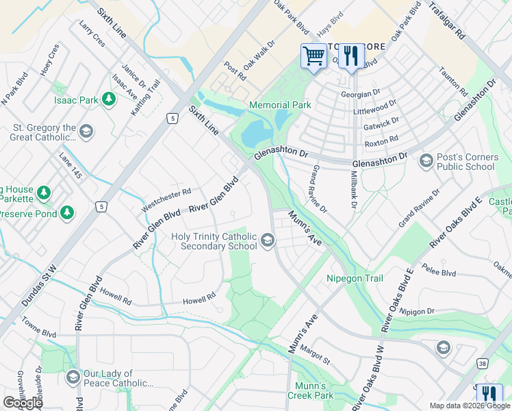 map of restaurants, bars, coffee shops, grocery stores, and more near 44 Inverhuron Trail in Oakville