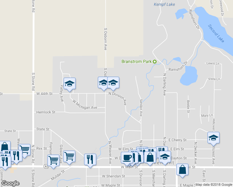 map of restaurants, bars, coffee shops, grocery stores, and more near 109 West 44th Street in Fremont