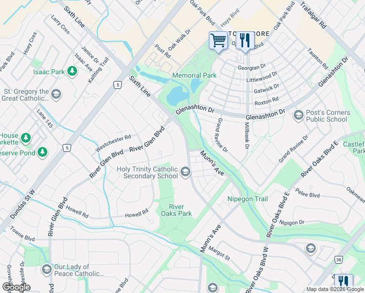 map of restaurants, bars, coffee shops, grocery stores, and more near 2460 Sixth Line in Oakville