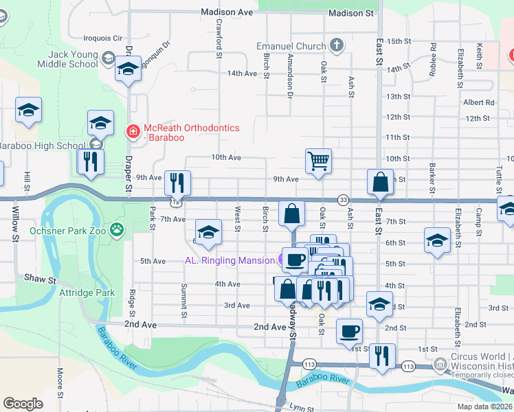 map of restaurants, bars, coffee shops, grocery stores, and more near 311 8th Ave in Baraboo