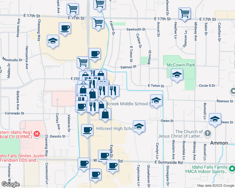 map of restaurants, bars, coffee shops, grocery stores, and more near 2525 Eagle Drive in Ammon