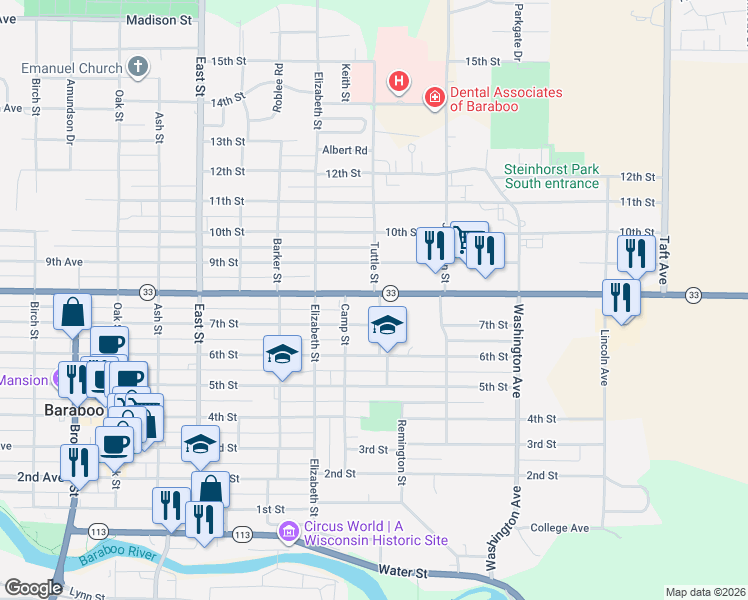 map of restaurants, bars, coffee shops, grocery stores, and more near 722 8th Street in Baraboo