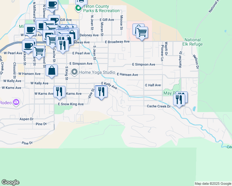 map of restaurants, bars, coffee shops, grocery stores, and more near 440 Snow King Loop in Jackson