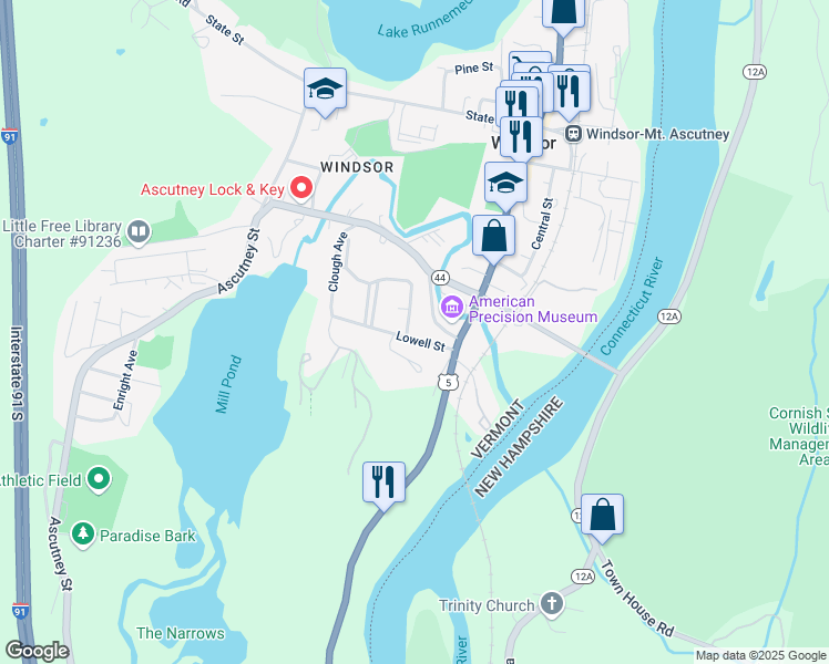 map of restaurants, bars, coffee shops, grocery stores, and more near 1 Front Street in Windsor