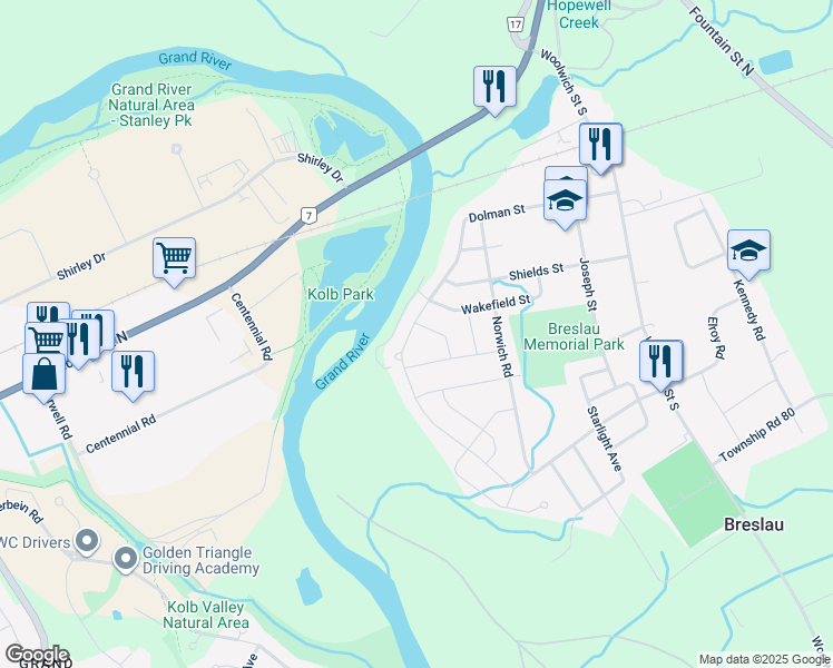 map of restaurants, bars, coffee shops, grocery stores, and more near 203 Dolman Street in Breslau