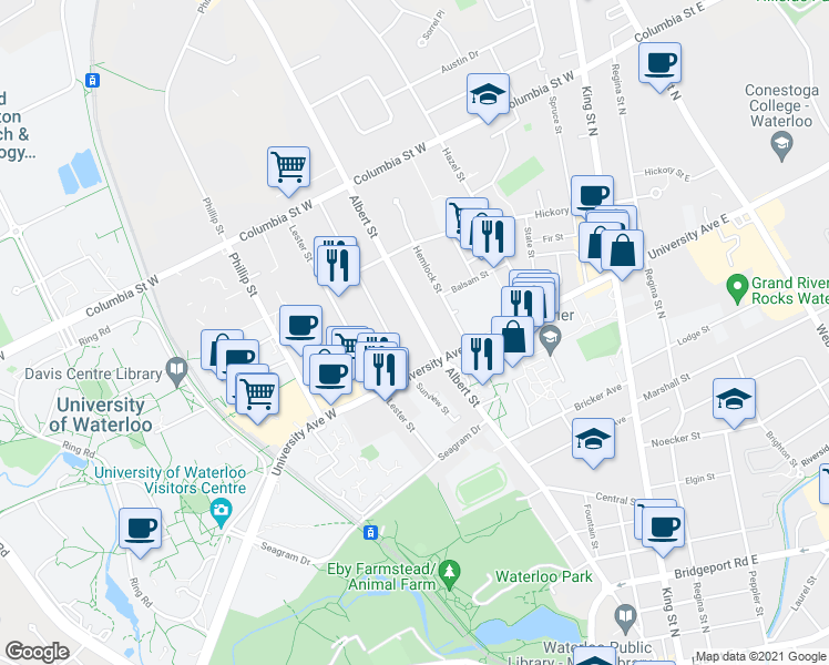 map of restaurants, bars, coffee shops, grocery stores, and more near in Waterloo