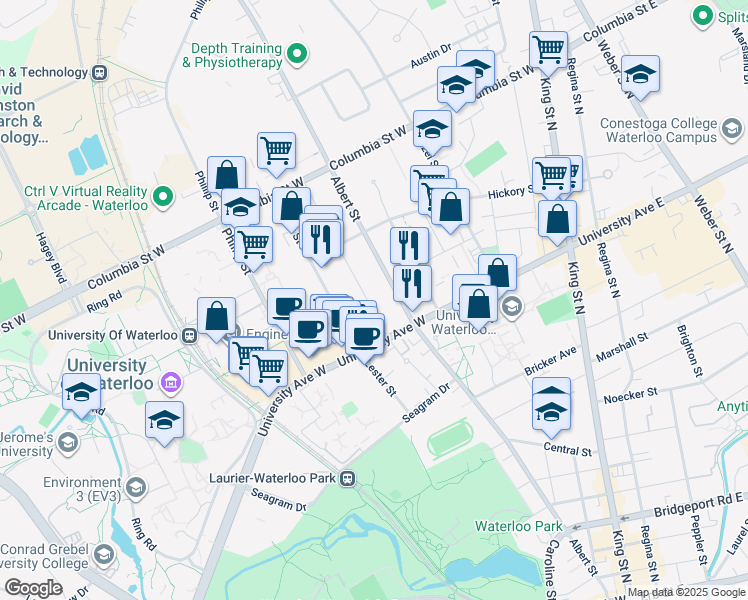 map of restaurants, bars, coffee shops, grocery stores, and more near in Waterloo