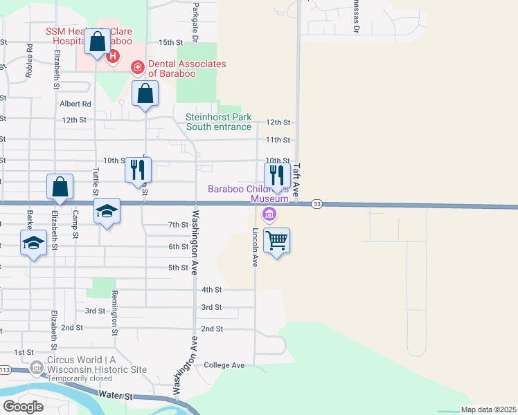 map of restaurants, bars, coffee shops, grocery stores, and more near 1203/1209 8th Street in Baraboo