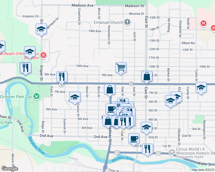 map of restaurants, bars, coffee shops, grocery stores, and more near 215 8th Avenue in Baraboo