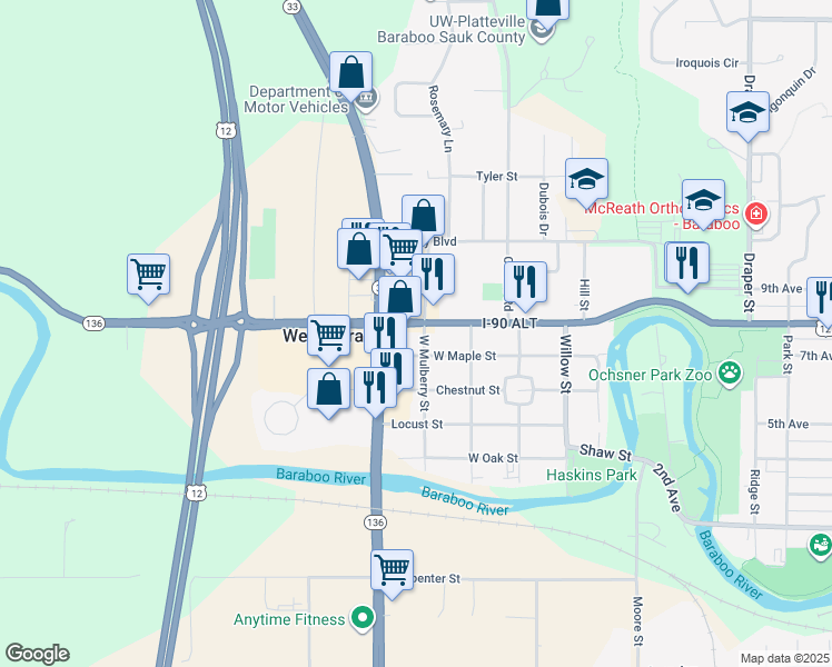 map of restaurants, bars, coffee shops, grocery stores, and more near 507 Linn Street in Baraboo