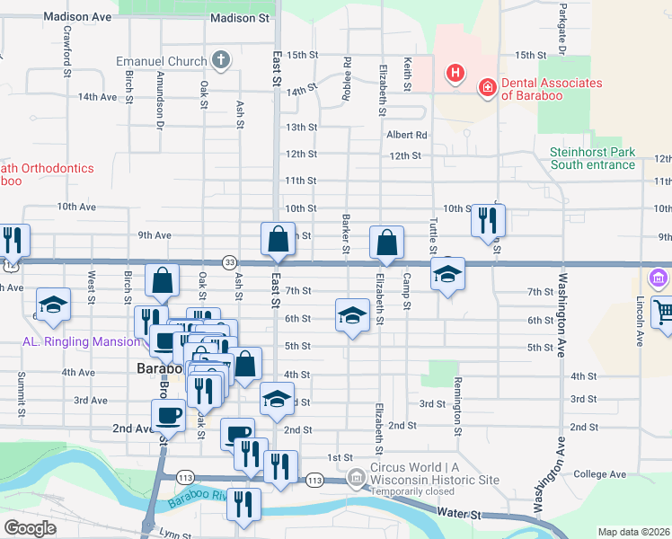 map of restaurants, bars, coffee shops, grocery stores, and more near 424 8th Street in Baraboo