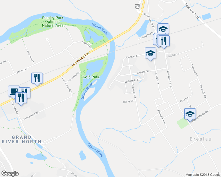 map of restaurants, bars, coffee shops, grocery stores, and more near 203 Dolman Street in Breslau