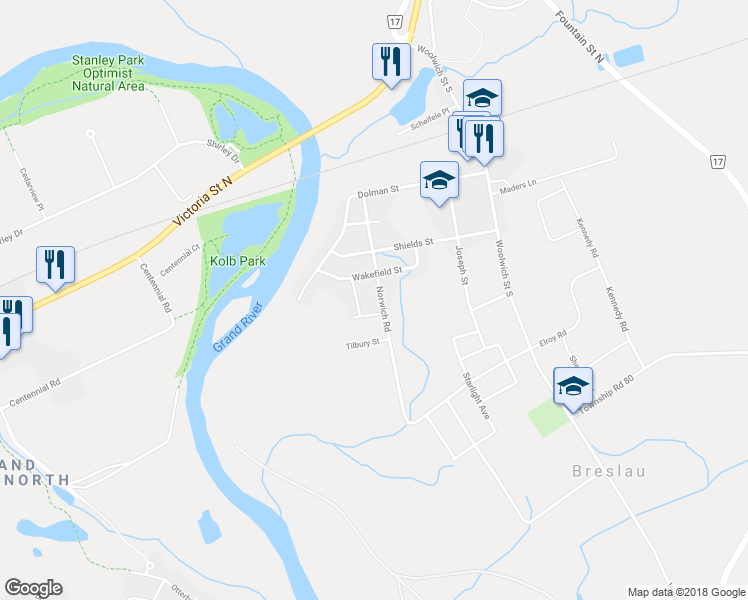 map of restaurants, bars, coffee shops, grocery stores, and more near 90 Norwich Road in Breslau