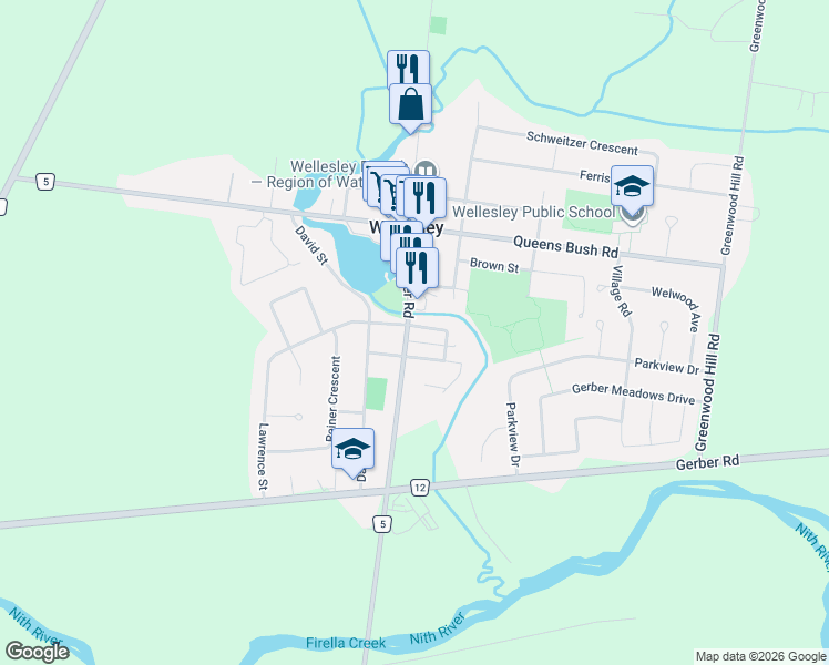 map of restaurants, bars, coffee shops, grocery stores, and more near 3659 Regional Road 5 in Wellesley
