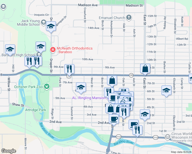 map of restaurants, bars, coffee shops, grocery stores, and more near 311 8th Avenue in Baraboo