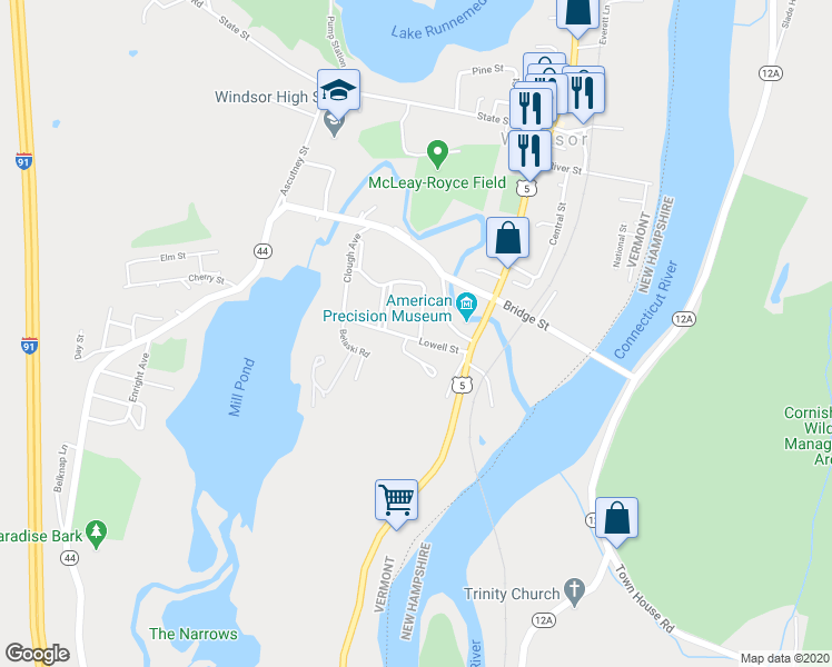 map of restaurants, bars, coffee shops, grocery stores, and more near 1 Front Street in Windsor