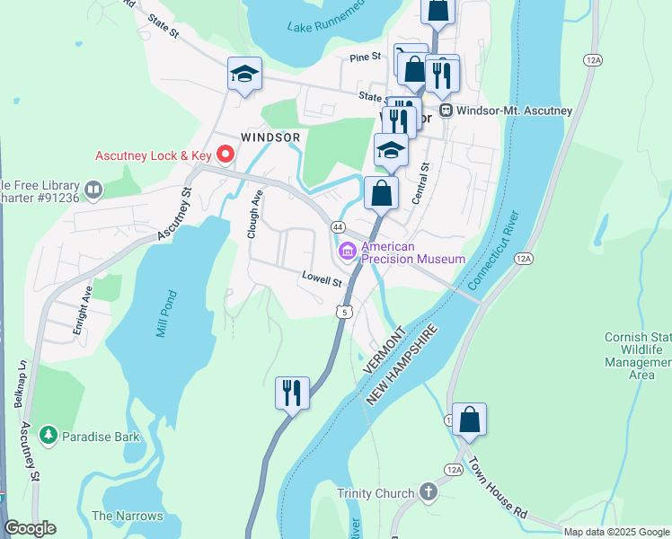 map of restaurants, bars, coffee shops, grocery stores, and more near 7 Maple Street in Windsor