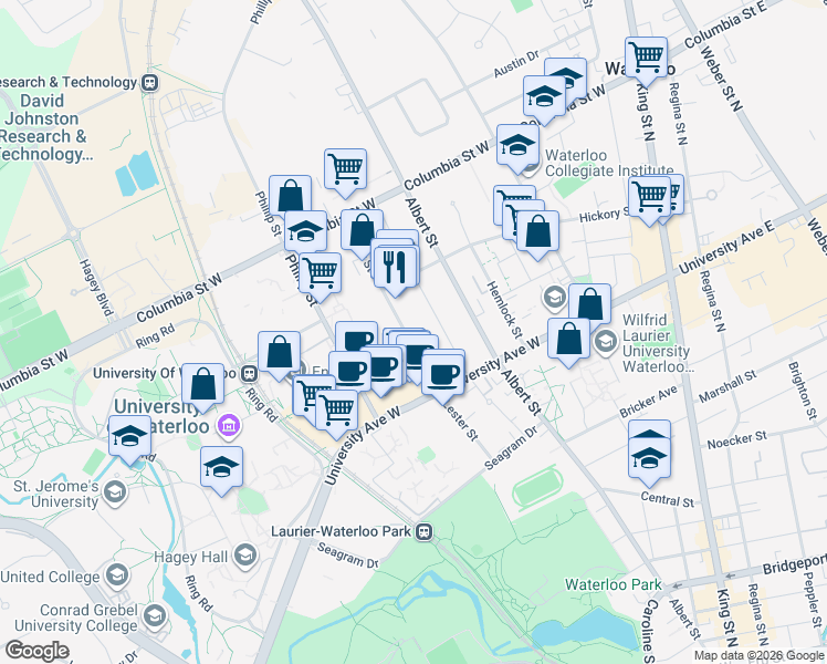 map of restaurants, bars, coffee shops, grocery stores, and more near 262 Lester Street in Waterloo