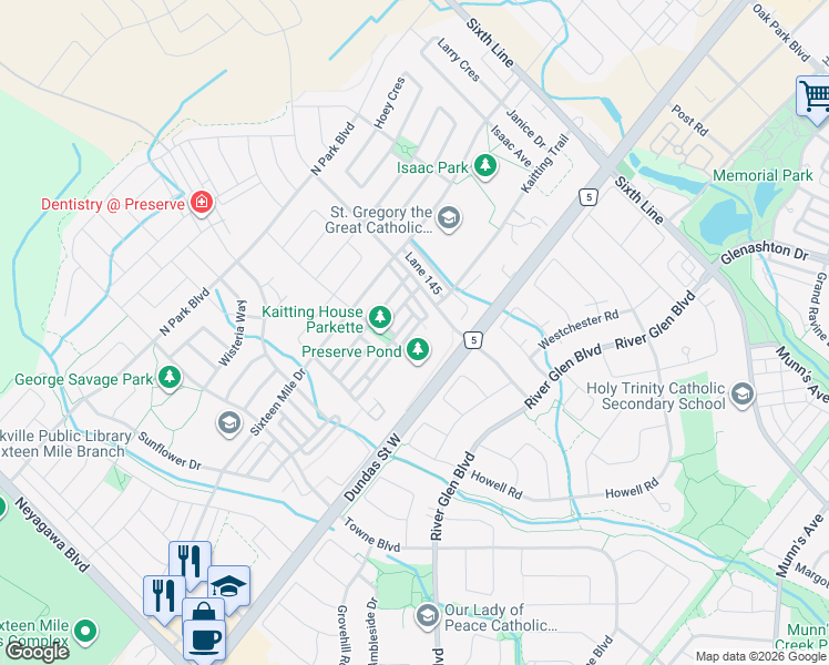 map of restaurants, bars, coffee shops, grocery stores, and more near 3002 Preserve Drive in Oakville