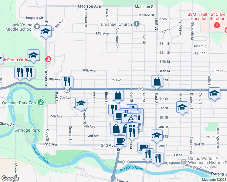 map of restaurants, bars, coffee shops, grocery stores, and more near 215 8th Avenue in Baraboo