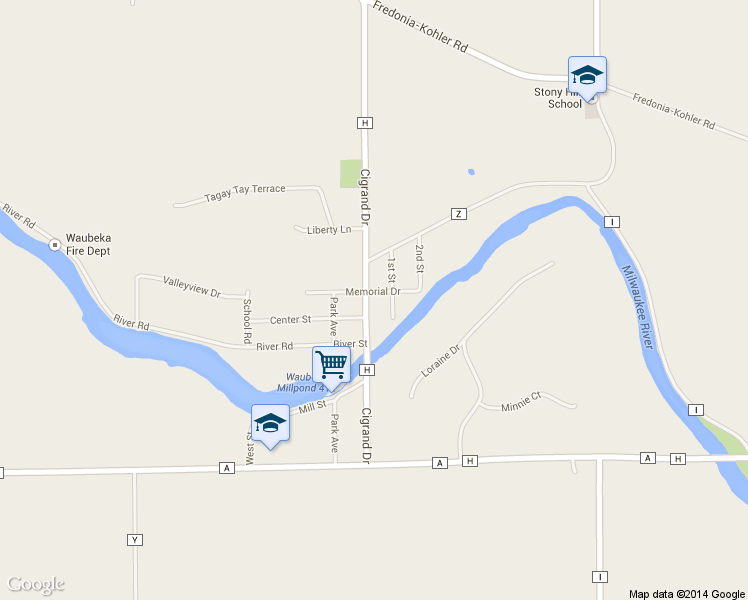 map of restaurants, bars, coffee shops, grocery stores, and more near N5440 Cigrand Drive in Waubeka