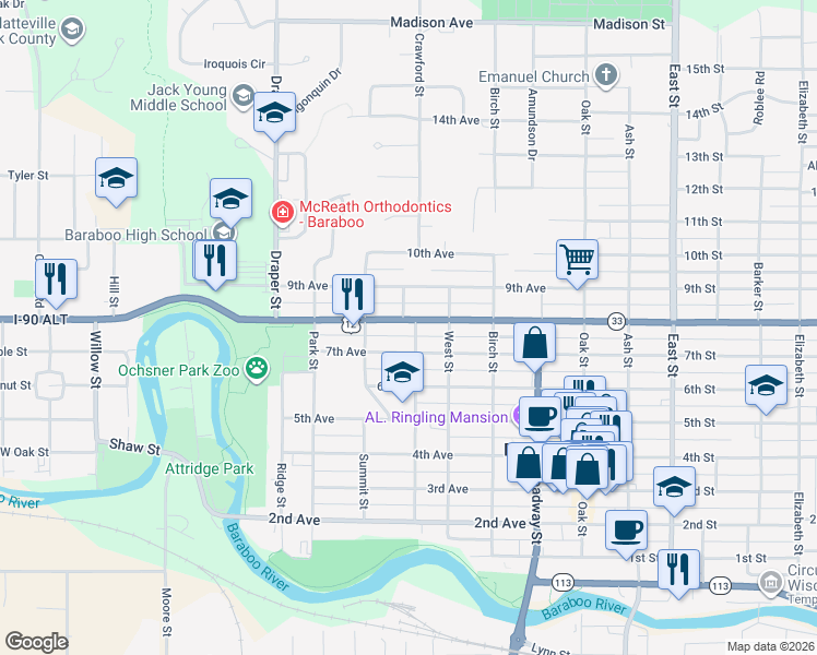 map of restaurants, bars, coffee shops, grocery stores, and more near 503 8th Avenue in Baraboo