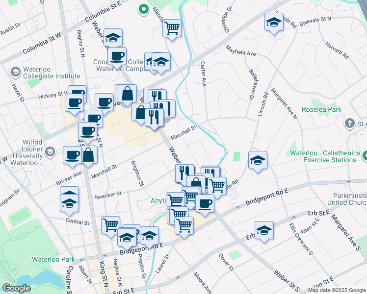 map of restaurants, bars, coffee shops, grocery stores, and more near 161 Alvin Street in Waterloo