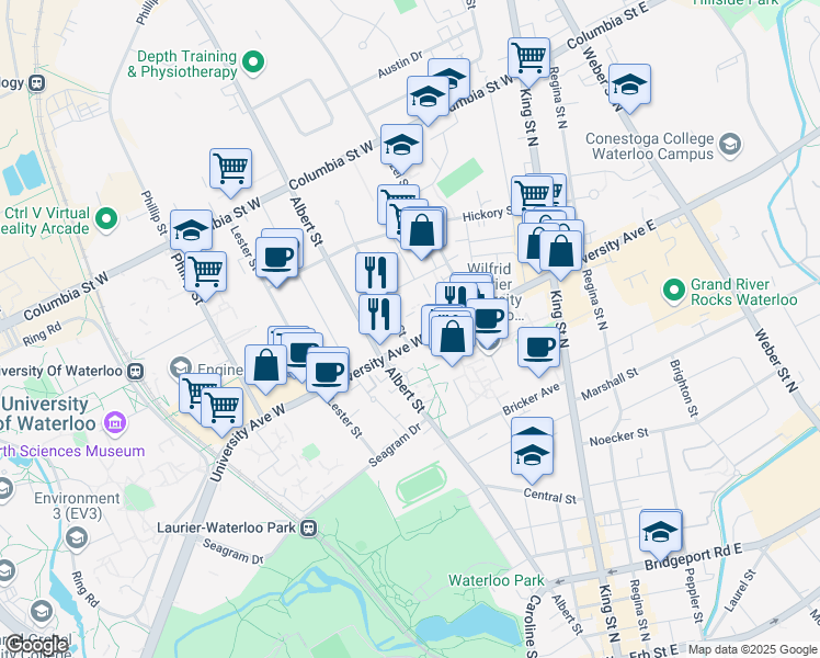 map of restaurants, bars, coffee shops, grocery stores, and more near 80 University Avenue West in Waterloo