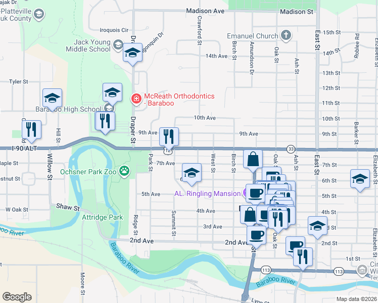 map of restaurants, bars, coffee shops, grocery stores, and more near 503 8th Avenue in Baraboo