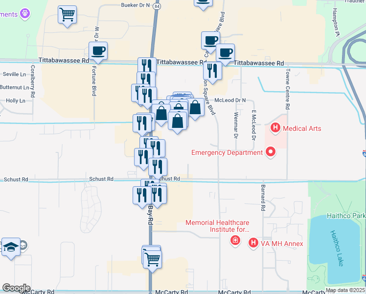 map of restaurants, bars, coffee shops, grocery stores, and more near 4600 Bay Road in Saginaw