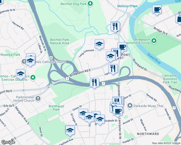 map of restaurants, bars, coffee shops, grocery stores, and more near 485 Leander Place in Kitchener